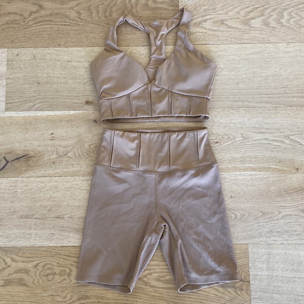 Muses Only Corset Inspired Seam Detail V Neck Bra and Shorts in Burnt Caramel